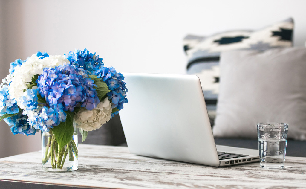 blue flowers and laptop